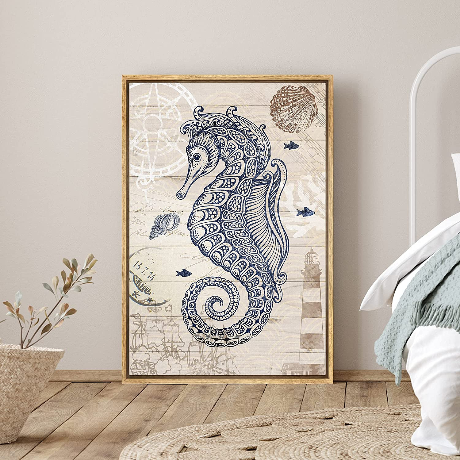 PixonSign Framed Canvas Print Wall Art Sea Horse, Clam, Fish and Lighthouse Animals Ocean Illustr... | Walmart (US)