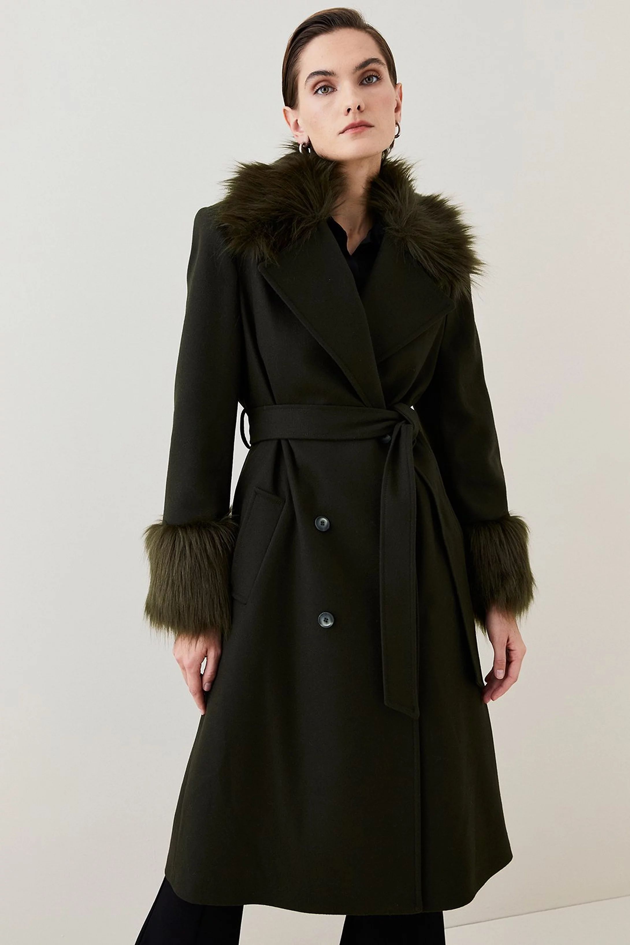 Italian Virgin Wool Faux Fur Collar And Cuff Belted Wrap Coat | Karen Millen UK + IE + DE + NL