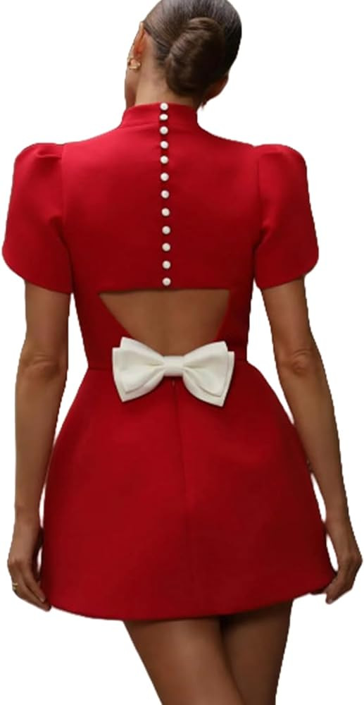 ANKOMINA Women's Elegant Bow Backless Hollow Out Mini Dress Sexy Turtleneck Pad Shoulder Dresses ... | Amazon (US)