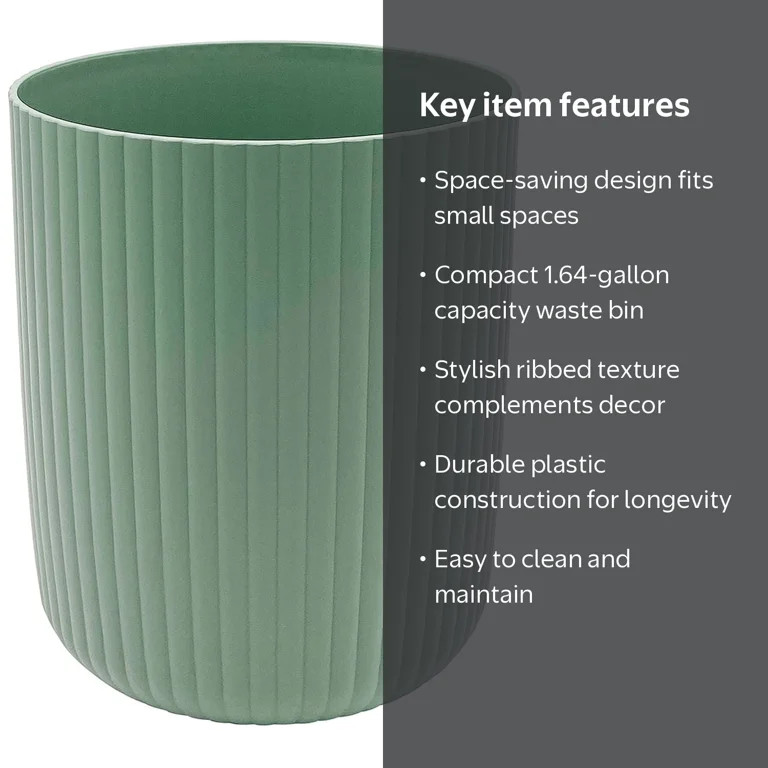 Mainstays 1.64 Gallon Ribbed Plastic Trash Can, Green | Walmart (US)