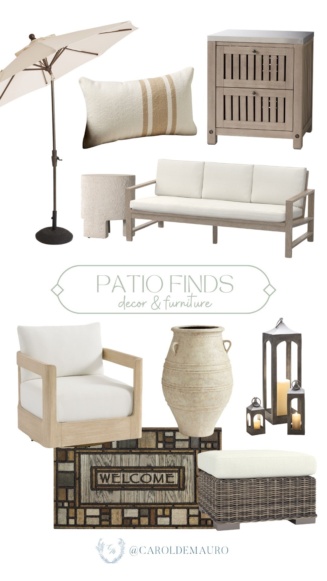 Ready for spring and summer space? If not, save this post and shop these patio decor and furniture finds! You'll need this comfortable outdoor sofa, swivel chair, an elegant umbrella, striped lumbar pillow, a wooden storage cabinet, decorative lanterns, and a welcoming doormat.

patio inspo, outdoor living, summer vibes, backyard furniture, home aesthetics, outdoor styling, hosting season, neutral home

#LTKU #LTKHome #LTKSeasonal