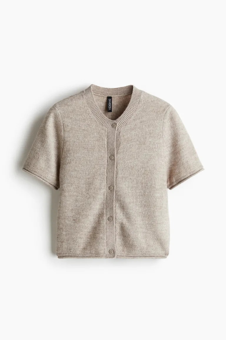 Short-sleeved Fine-knit Cardigan - Round Neck - Short sleeve - Beige melange - Ladies | H&M US | H&M (US + CA)