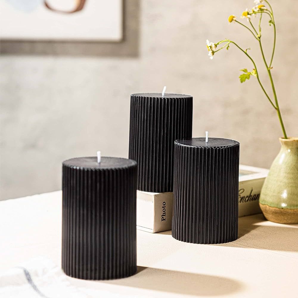 Ribbed Pillar Candles 3x4'' Unscented Modern Home Décor Handmade (3 Packs, Black) | Amazon (US)
