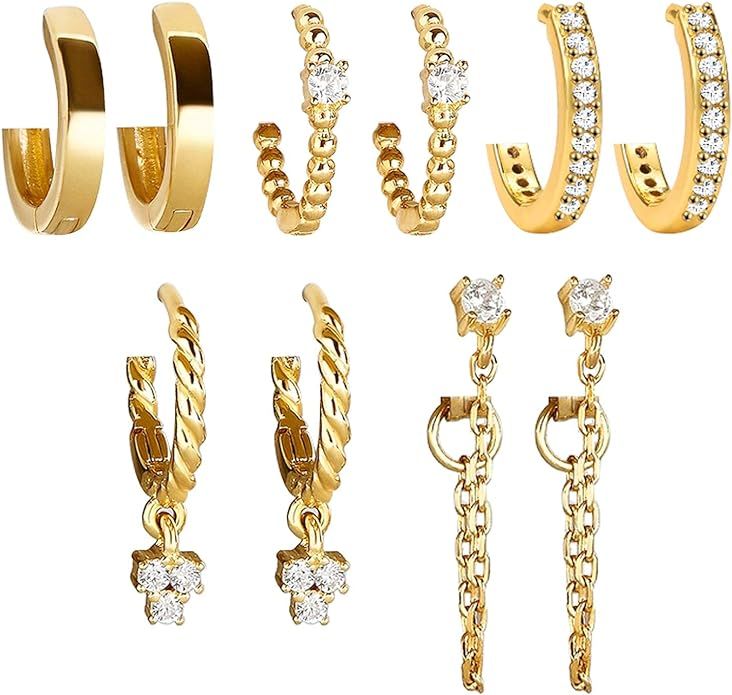 5 Pairs Gold Silver Huggies Hoop Earrings Set for Women Girls Small Tiny Dangle Cubic Zirconia Ch... | Amazon (US)