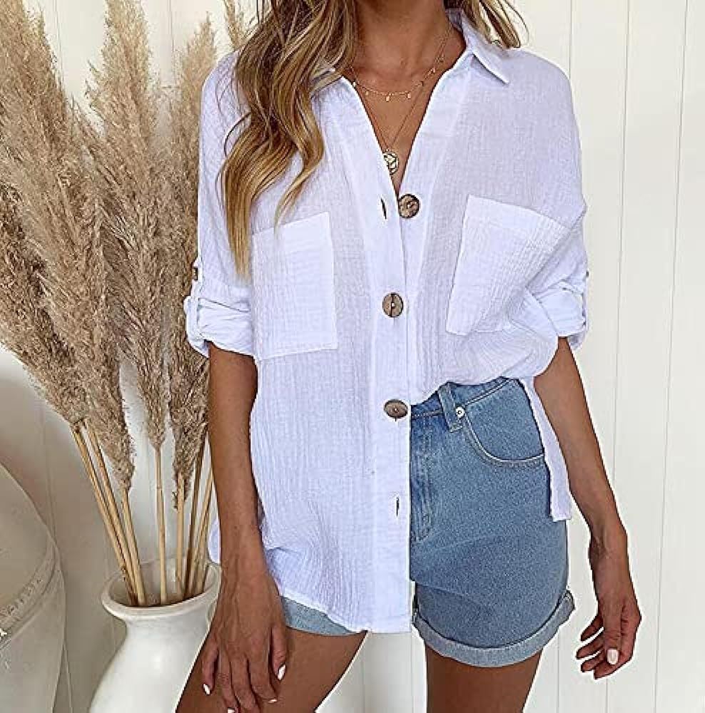 Cisisily Women's Stylish Long Sleeve Casual V Neck Button Down Cuffed Sleeve Loose Fit Blouses Tops  | Amazon (US)