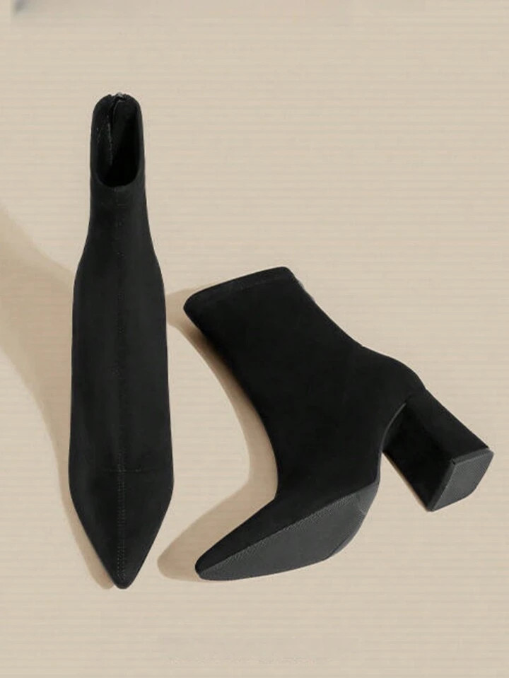 2024 New Style Nude Suede Pointed Toe High Heel Short Boots, Knitted Sock Boots, Chunky Heel, Sli... | SHEIN