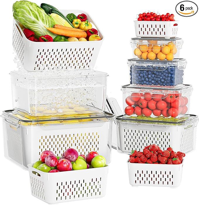 KEMETHY 6 Pack Fruit Storage Containers For Fridge With Removable Colanders, Airtight Storage Con... | Amazon (US)