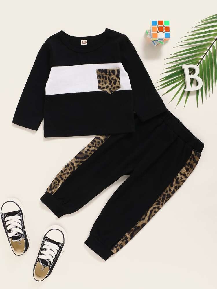 Baby Boy Contrast Leopard Spliced Tee With Sweatpants | SHEIN