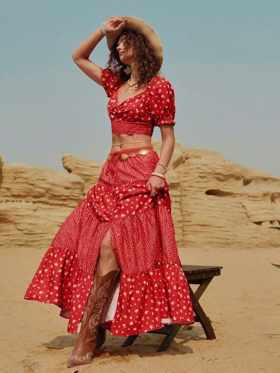 Wildy Women's Western Style Puff Sleeve Top And Split Hem Skirt 2 Pieces Set, Summer | SHEIN