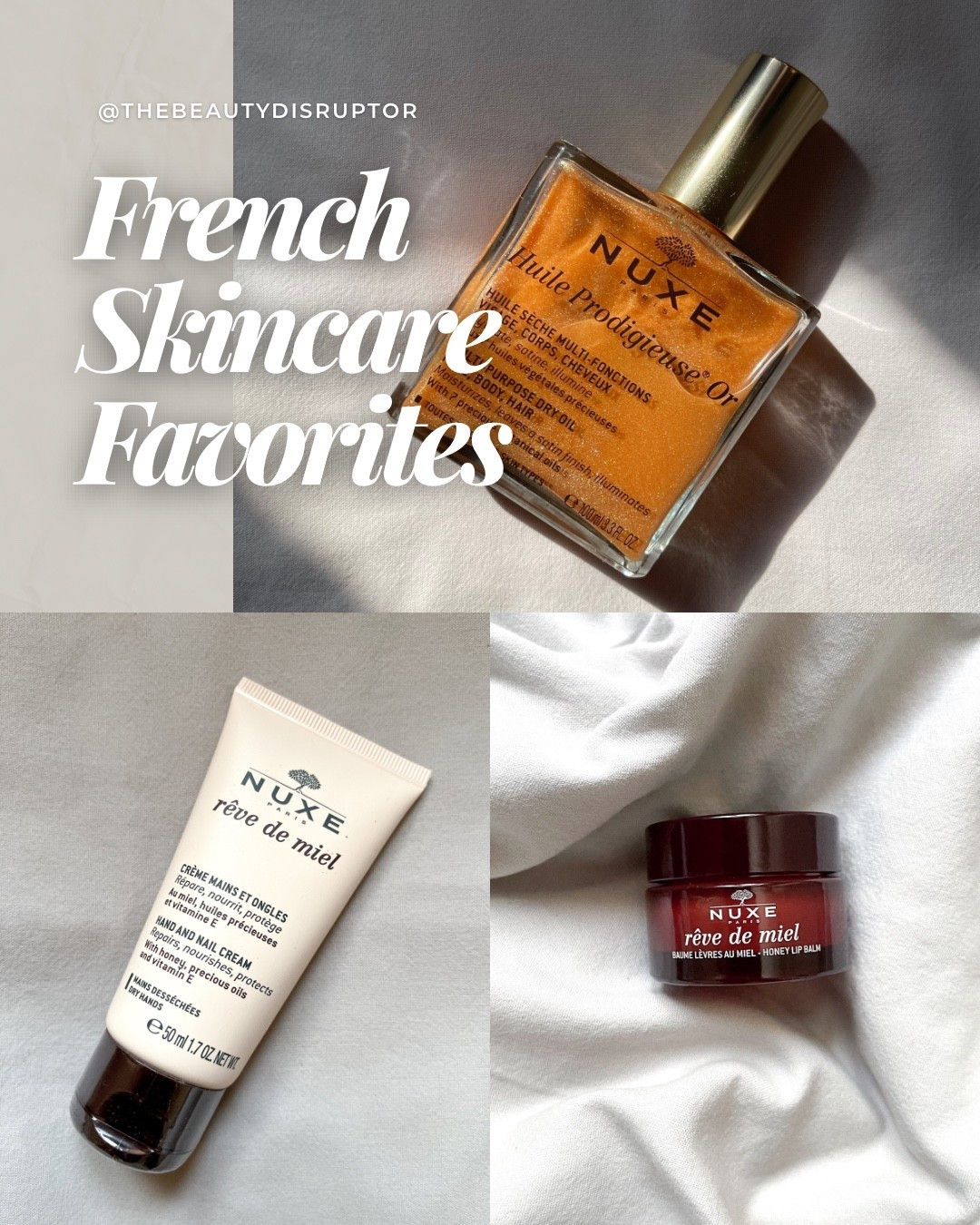 Here a few of my favorite French skincare must-haves by the famous skincare brand Nuxe. 

Known for their nourishing and luxurious-feeling products, Nuxe is a French pharmacy brand that I have grown to love.  I’ve tried many of their products. But these 3 are absolute must-haves that I can’t live without. 

1. Huile Prodigieuse Or Body Shimmer Oil
2. Rêve de Miel Lip Balm
3. Rêve de Miel Hand & Nail Cream

Shops now and discover what skincare enthusiasts worldwide are raving about.🛍️

#Nuxe #FrenchSkincare #FrenchPharmacy #Beauty #MustHaves

#LTKGiftGuide #LTKBeauty #LTKHoliday
