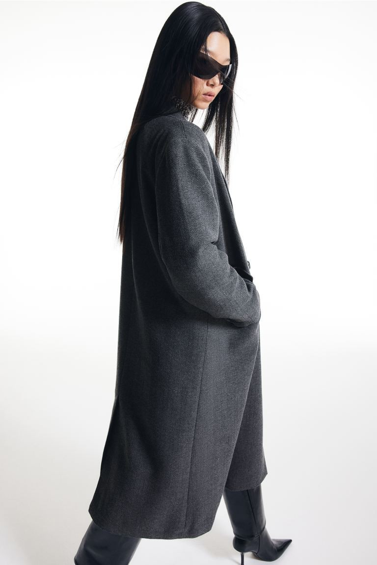 Double Breasted Twill Coat - Long sleeve - Long - Dark grey - Ladies | H&M AU | H&M (AU)