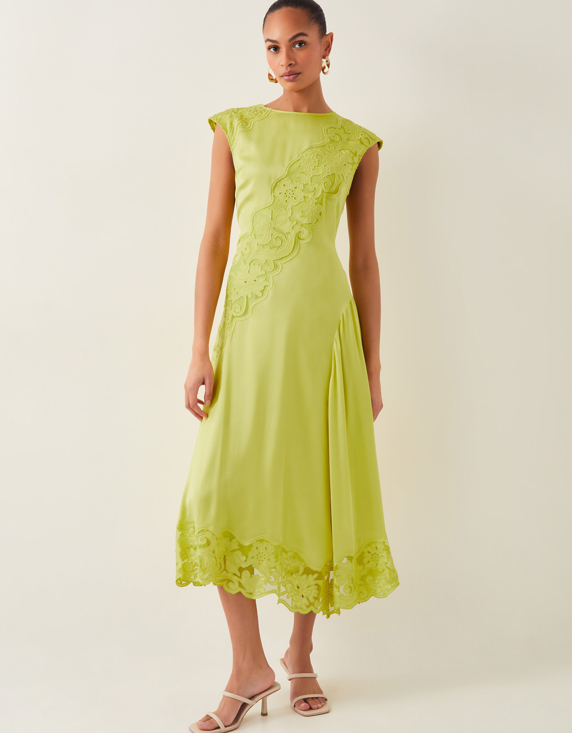 Ingrid Embroidered Satin Midi Dress Green | Monsoon (UK)