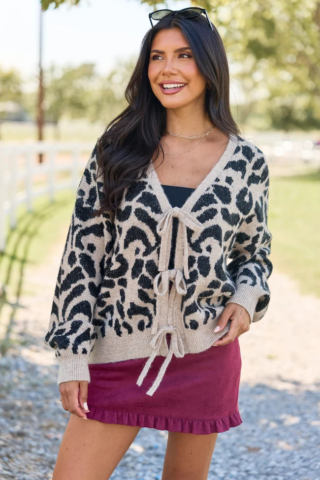 Leopard Refined Front Tie Cardigan | Pink Lily