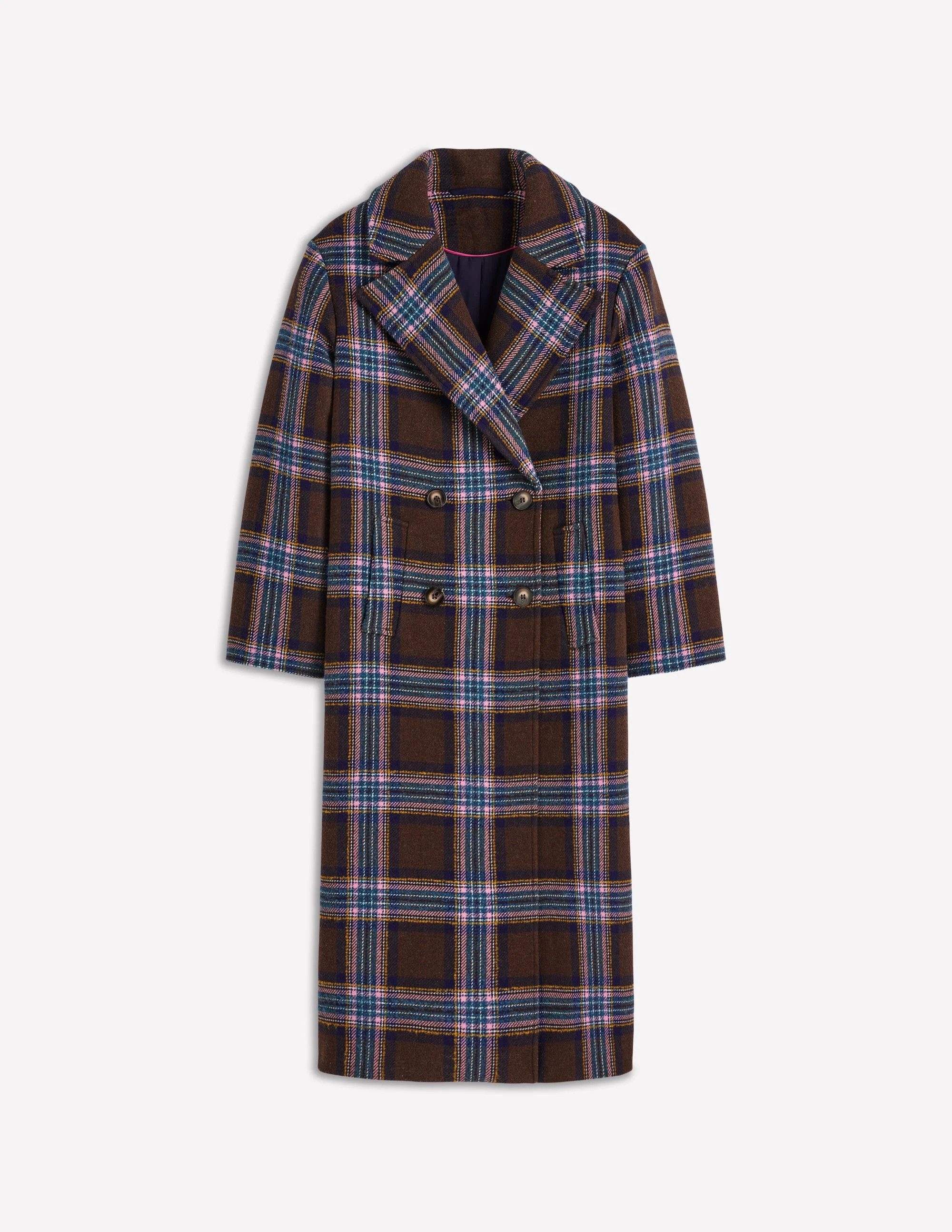 Cocoon Wool Coat-Brown, Teal and Pink Check | Boden (US)