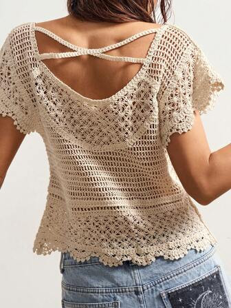 Bohemela Women Solid Color Round Neck Short Sleeve Tie Waist Hollow Out Knitted Top Going Out Tops Women | SHEIN