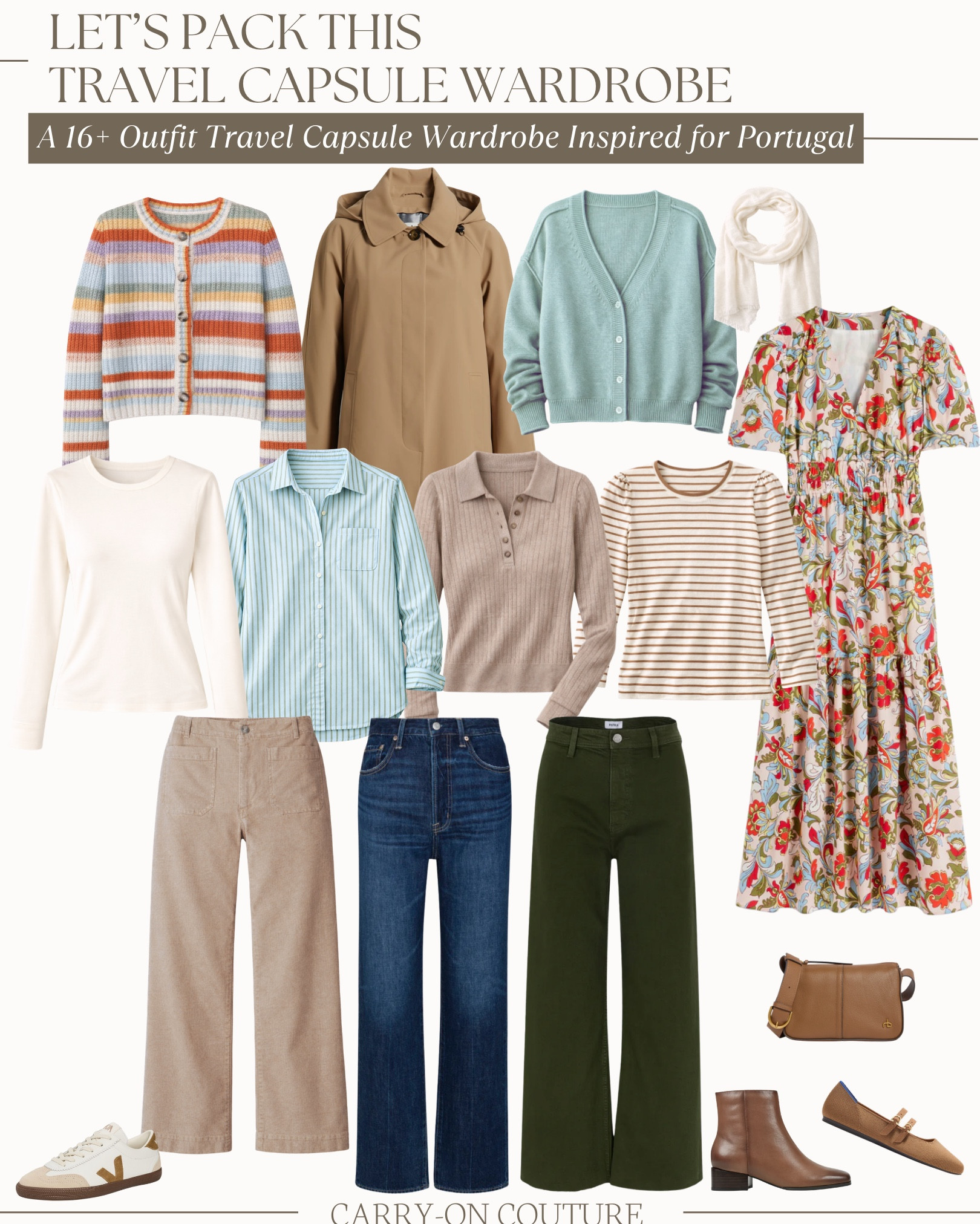 This travel capsule wardrobe was built for Portugal in early spring, when mornings are cool, afternoons are mild, and the weather can shift between sunshine and light rain.

Expect daytime highs in the upper-50s°F to mid-60s°F, with evenings in the upper-40s°F to low-50s°F. March brings a mix of bright, beautiful days and occasional drizzle—especially in Porto—so layers and a waterproof outer layer are essential.

I chose lightweight knits, long-sleeve tops, and polished layering pieces that work for city walking, viewpoints, museums, and casual dinners. A waterproof trench handles wind and rain without adding bulk, and a mid-weight cardigan adds warmth when needed. Footwear stays practical: supportive sneakers for cobblestones, comfort brand ankle boots for cooler days and rain, and a dressier flat for evenings.

Not headed to Portugal? This capsule also works well for Spain in spring, Northern Italy, southern France, Greece in shoulder season, or coastal U.S. cities like San Francisco or Seattle—any destination with mild temperatures, walking-heavy days, and light layers.

Here’s your packing list for Portugal in March:
➡️ 4 Tops: lightweight sweaters + long-sleeve layers
➡️ 3 Bottoms: straight denim + tailored pants + wide-leg option
➡️ 1 Mid-Weight Cardigan
➡️ 1 Dress (layer-friendly midi)
➡️ 1 Waterproof Trench
➡️ 3 Shoes: workhorse sneakers, ankle boots, dressier flats
➡️ Accessories: crossbody bag, 
scarf
Everything mixes and matches into more than 16 outfits, and the best part — it all fits in your carry-on suitcase.

#LTKTravel #LTKOver40