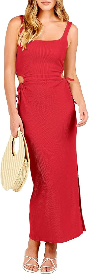 ANRABESS Women's Summer Sleeveless Scoop Neck Fitted Tank Dress Cutout Bodycon Ruched Slit Maxi Dres | Amazon (US)
