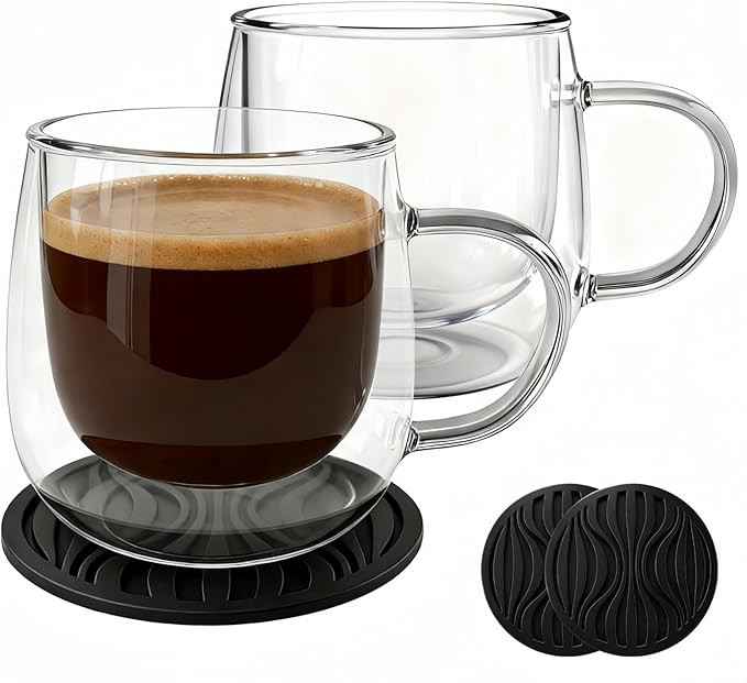 Glass Coffee Mugs Set Of 2, 10oz Double Walled Insulated Glass Mugs with Handle and Coaster, Heat... | Amazon (US)