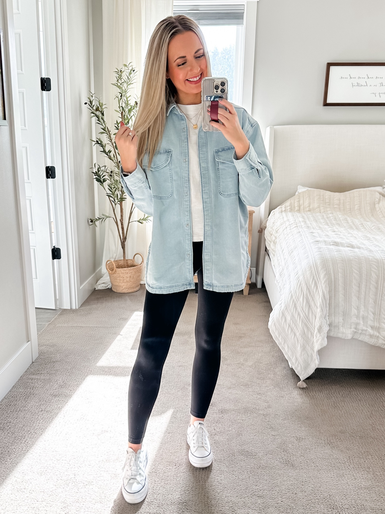 Leggings outfit with denim shacket and white converse sneakers 🩵

Denim top runs oversized. I went down one size to an XS

#LTKstyletip #LTKfindsunder50 #LTKshoecrush
