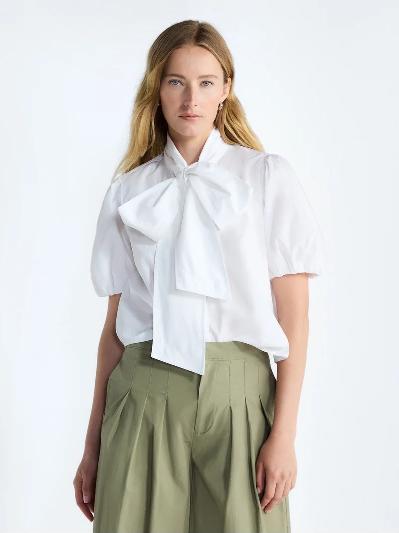 Free Assembly Women's Cotton Bow Blouse with Short Puff Sleeves, Sizes XS-XXL - Walmart.com | Walmart (US)