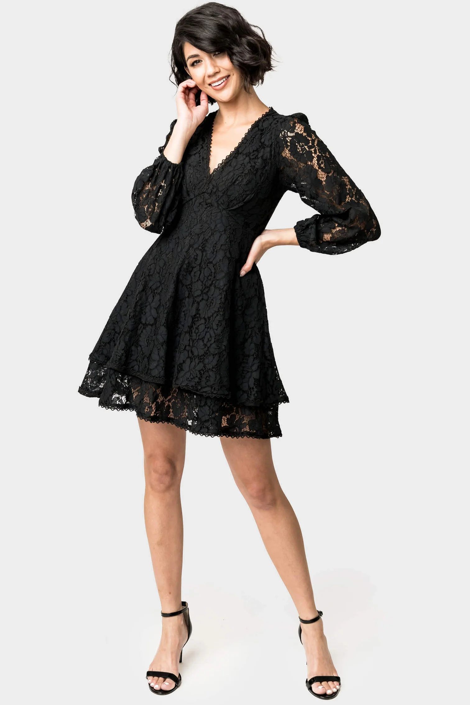 Fit and Flare Lace Dress with Layered Skirt | Gibson