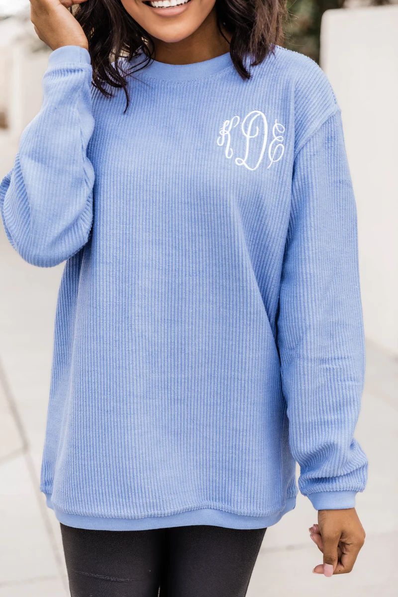 Monogrammed Corded Blue Sweatshirt | The Pink Lily Boutique