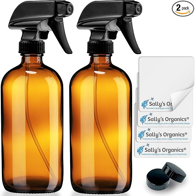 Empty Amber Glass Spray Bottles with Labels (2 Pack) - 16oz Refillable Container for Essential Oi... | Amazon (US)