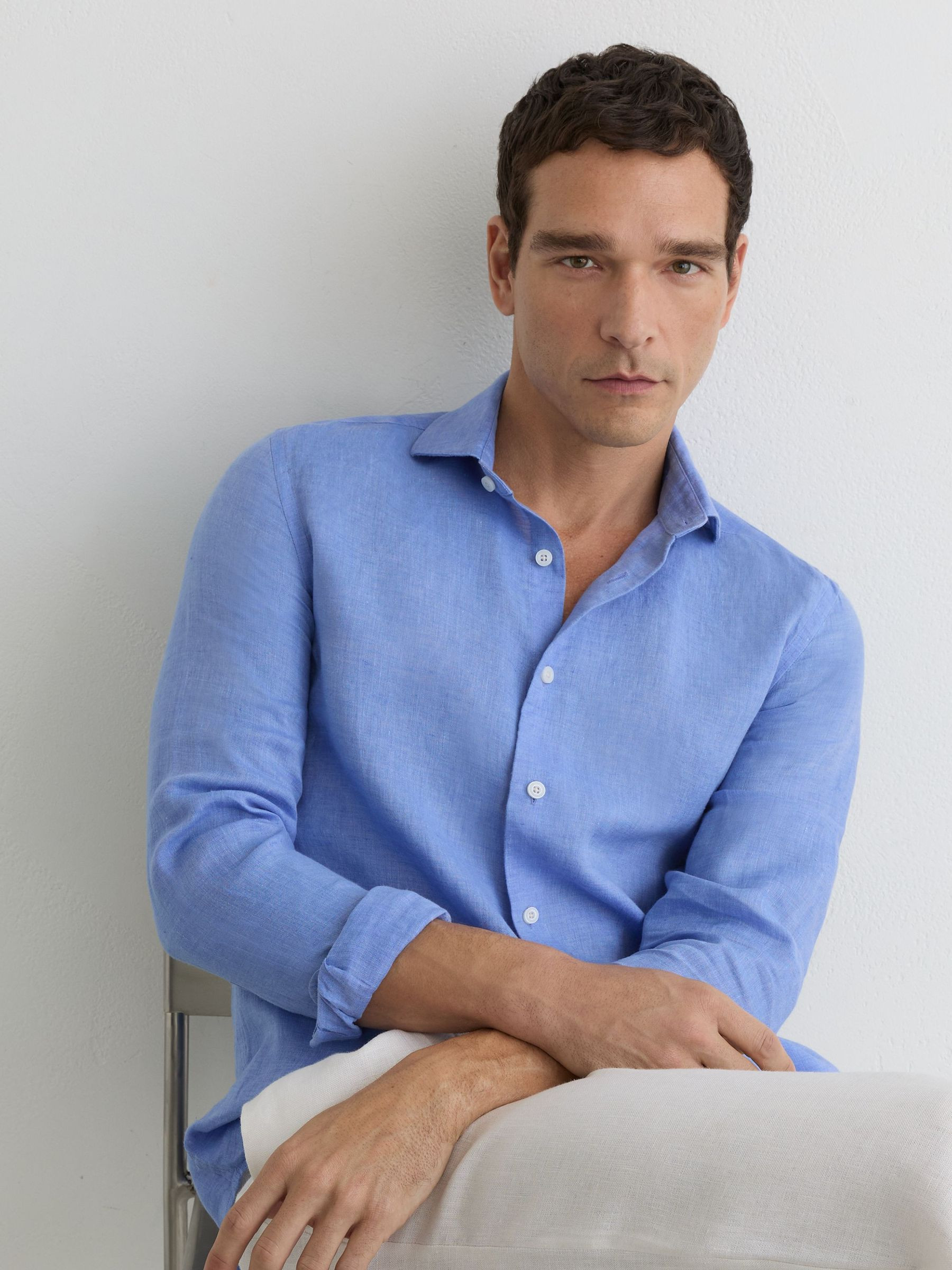 Reiss Linen Cutaway-Collar Regular-Fit Shirt in Buddy Blue - REISS | Reiss UK