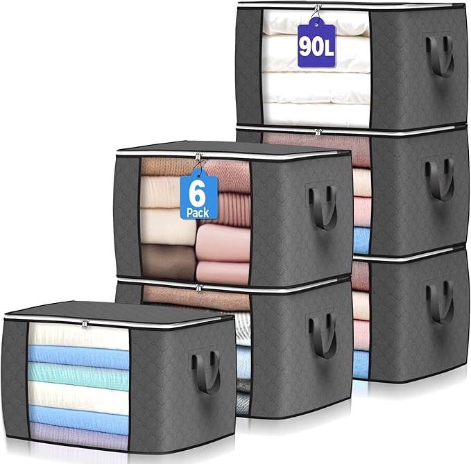 90 L Large Storage Bags, 6 Pack Clothes Storage Bins Foldable Closet Organizers Storage Container... | Amazon (US)