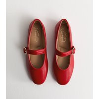 Women's Bright Red Faux Leather Mary Jane Ballet Pumps Vegan New Look | New Look (UK)
