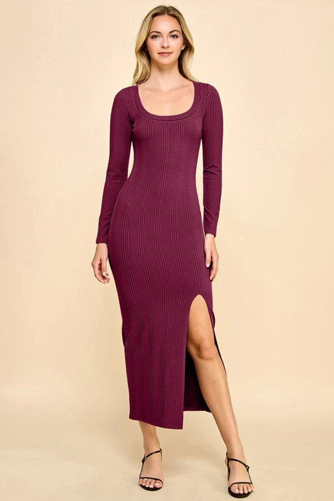 Burgundy Scoop Neck Long Sleeve Front Slit Maxi Dress | PinkBlush Maternity