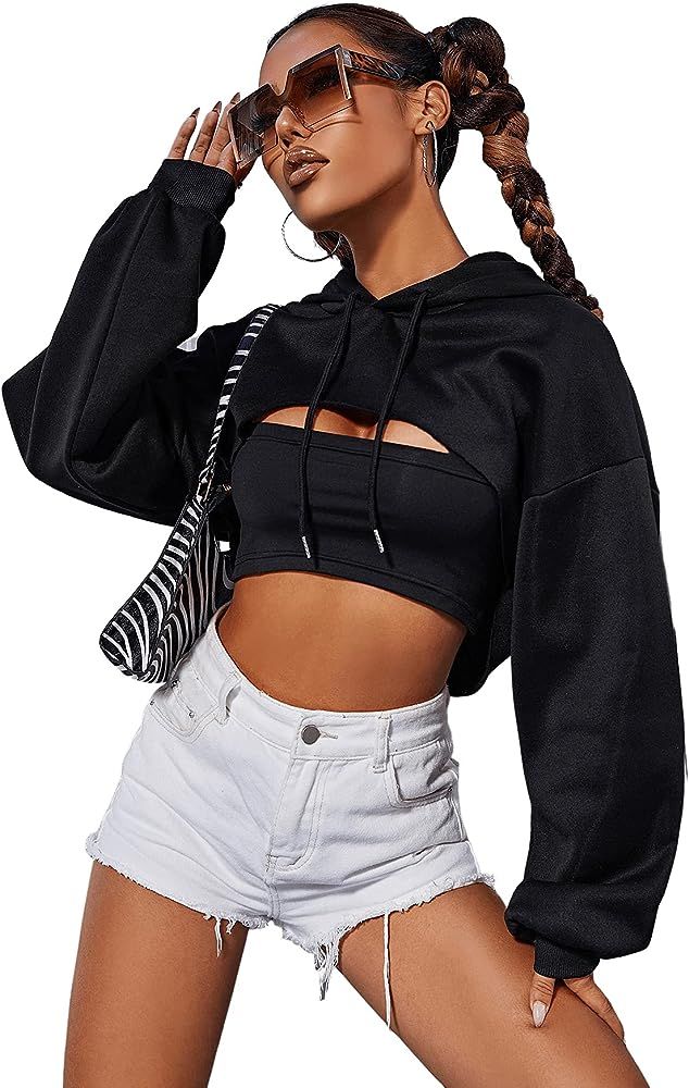 SweatyRocks Women's Solid Black Long Sleeve Pullover Crop Top Hoodie | Amazon (US)