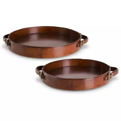 K&K Interiors Round Tan Leather Tray w/Brass Buckle Accent Handles | Scheels