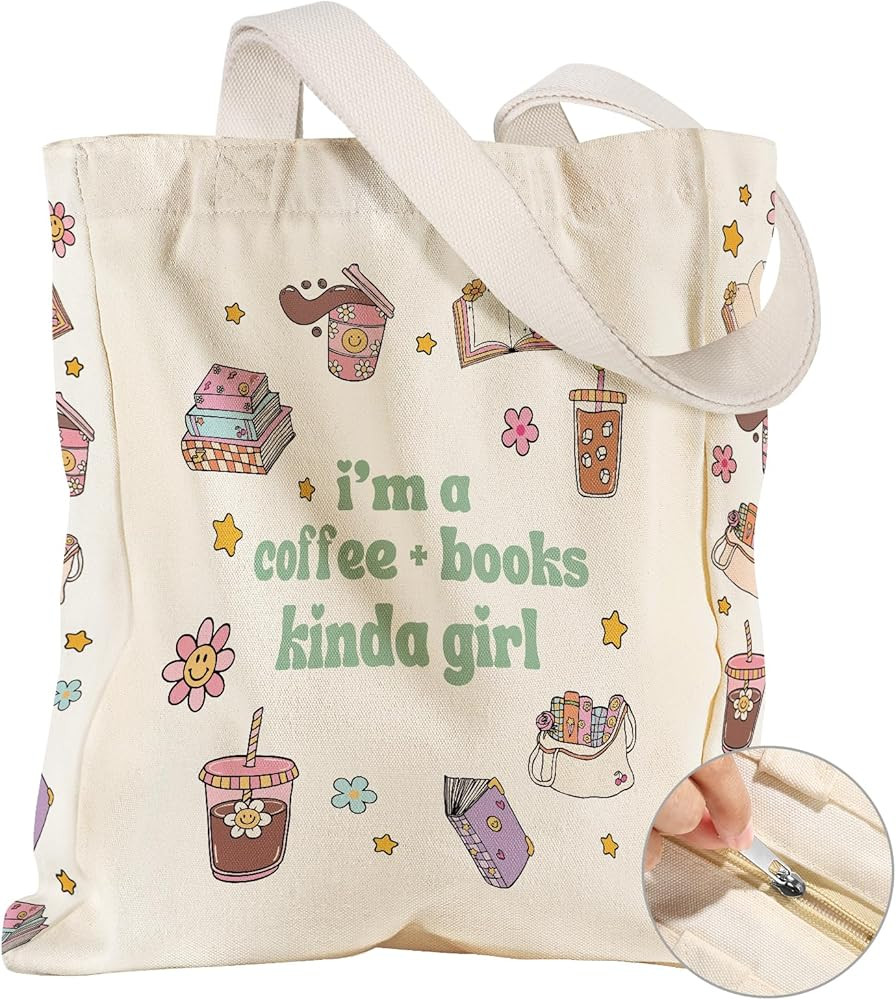 Large Canvas Tote Bag for Women - with Zipper and Inner Pocket Aesthetic Cute Shoulder Bag for Sh... | Amazon (US)