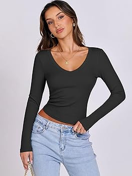ANRABESS Women Long Sleeve Shirts Crop Tops V Neck Tight Fit Ribbed Knit T Shirt Basic 2024 Fall ... | Amazon (US)