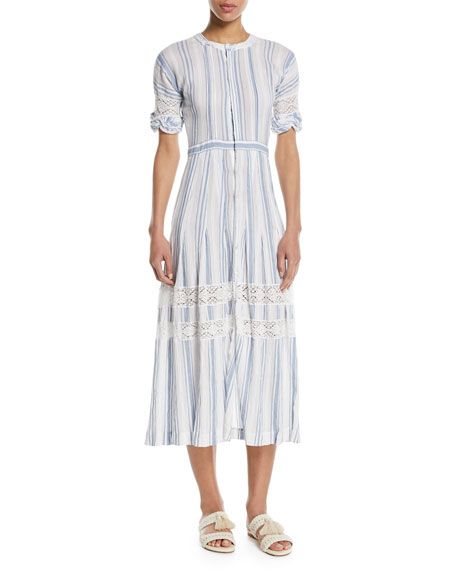 Eden Striped Cotton Short-Sleeve Coverup Midi Dress | Neiman Marcus
