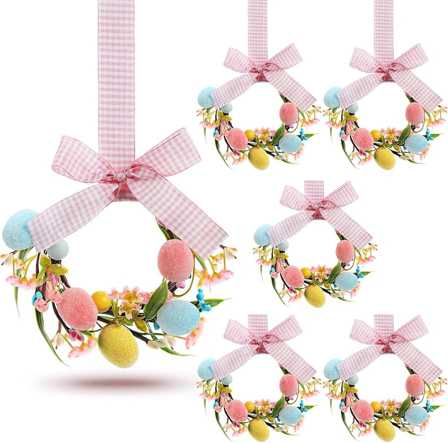 Hoteam 6 Pcs Easter Kitchen Cabinet Wreath with Plaid Bow Ribbon 8.7'' Mini Artificial Easter Egg... | Amazon (US)