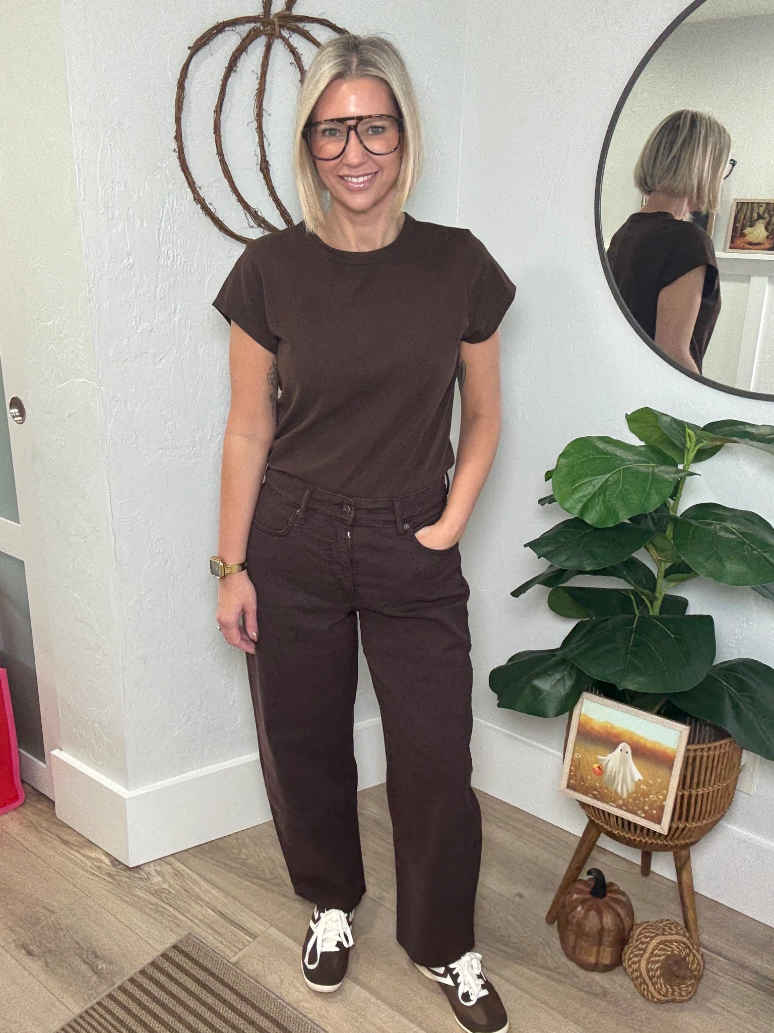Went for another monochromatic look today and what’s better for Fall than an all chocolate brown look. Which all  happens to be from Walmart! 

This is my favorite tee from Free Assembly at Walmart. I’m wearing a large. 

These are the Free Assembly Barrel Jeans in Warm Fudge. I recommend sizing down at least one. 
 
My sneakers are also from Walmart. 

My glasses are from Diff.

Casual outfit, elevated casual, weekend wear,  

#LTKStyleTip #LTKFindsUnder50 #LTKOver40