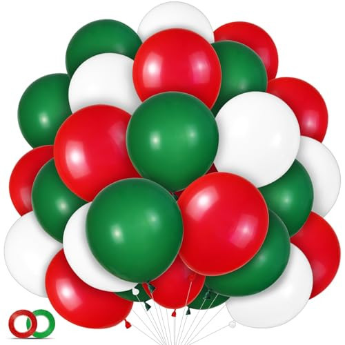 100 Pcs Christmas Red Green Balloons 12 Inch Red Green and White Latex Balloons with 65ft Ribbon for Christmas Birthday Baby Shower Party Decorations | Amazon (US)