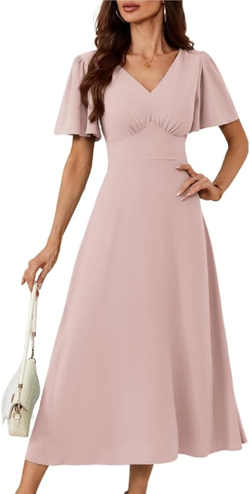 GRACE KARIN Women Flutter Short Sleeve V Neck A Line Dress Square Back with Tie Casual Flowy Dres... | Amazon (UK)