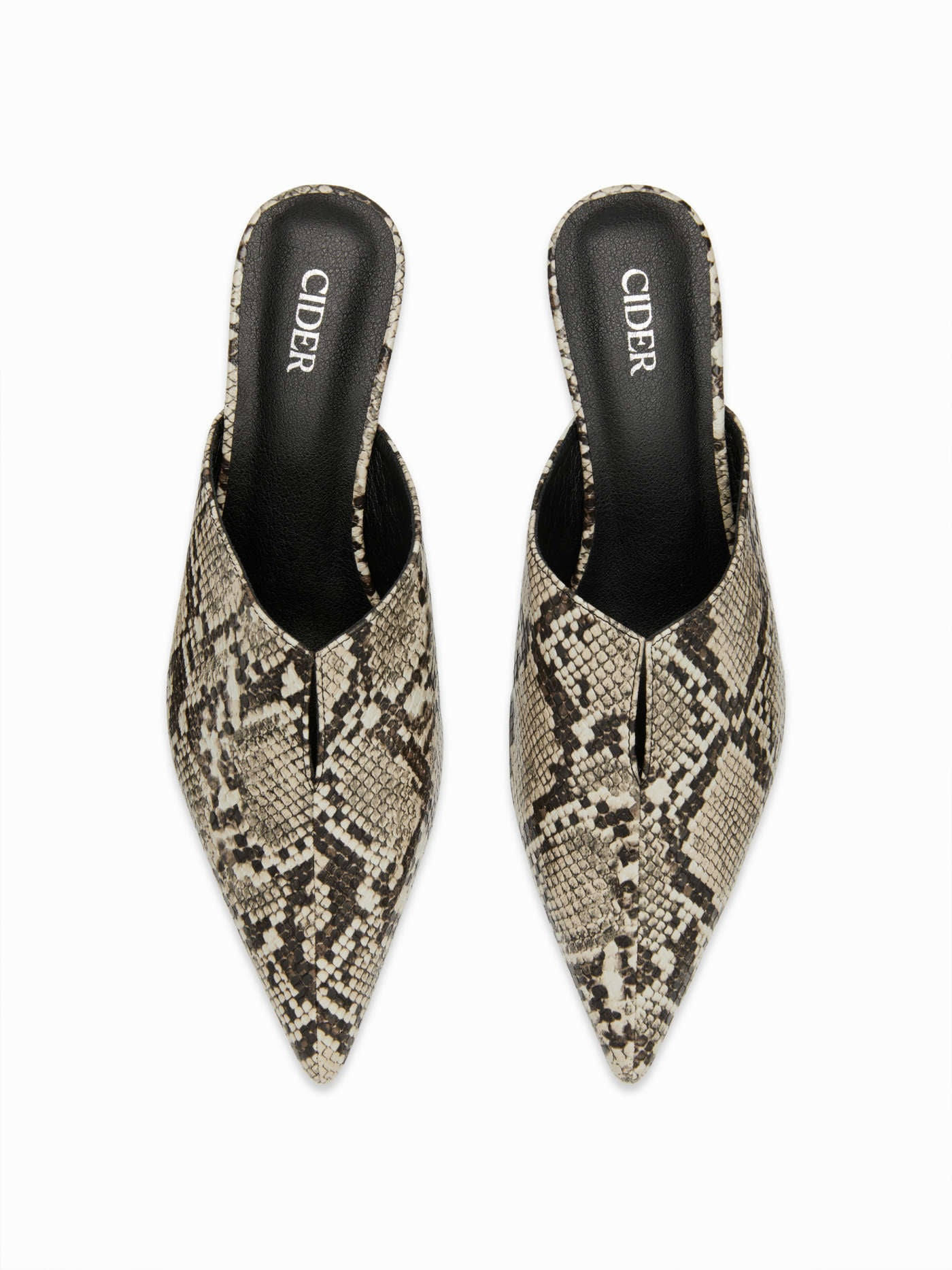 SNAKE PATTERN POINT TOE MULE HEELS For Date Work | Cider