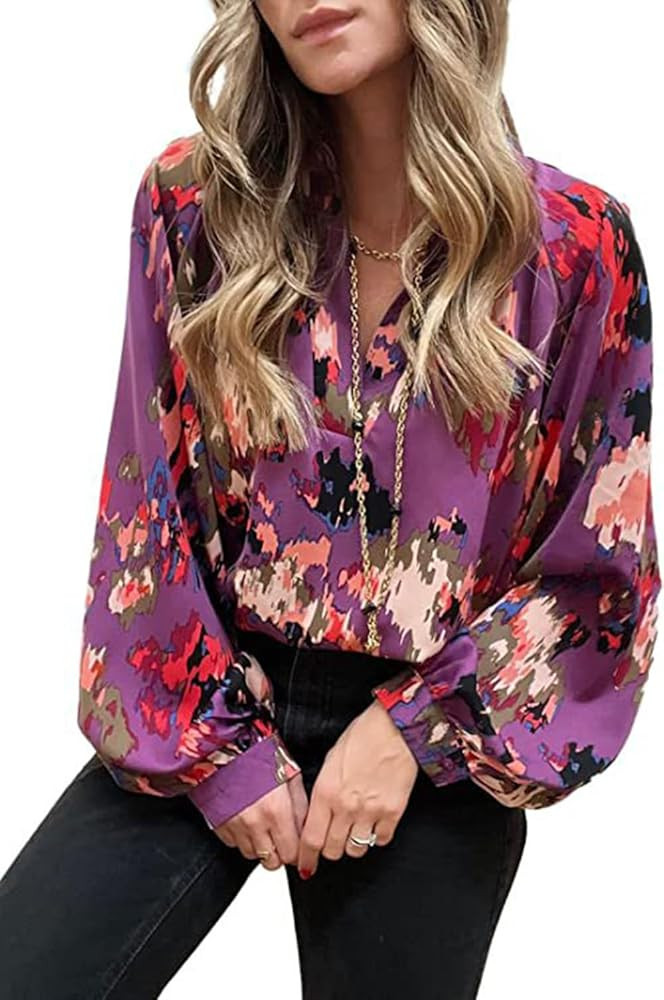 Women's Bohemian Floral Print Blouses Summer Puff Long Sleeve V Neck Loose Fit Shirts Casual Chif... | Amazon (US)