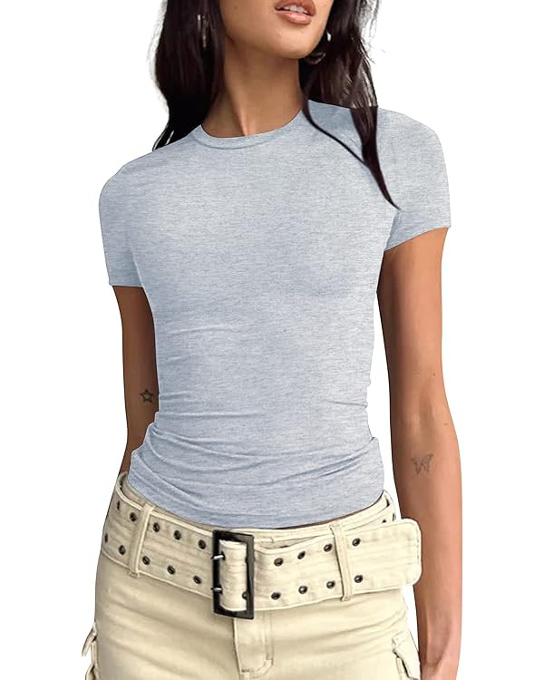 BAIGRAM Women’s Basic Slim fit Crop Top Tee Shirt Short Sleeve Workout Round Neck Cropped Tshir... | Amazon (US)