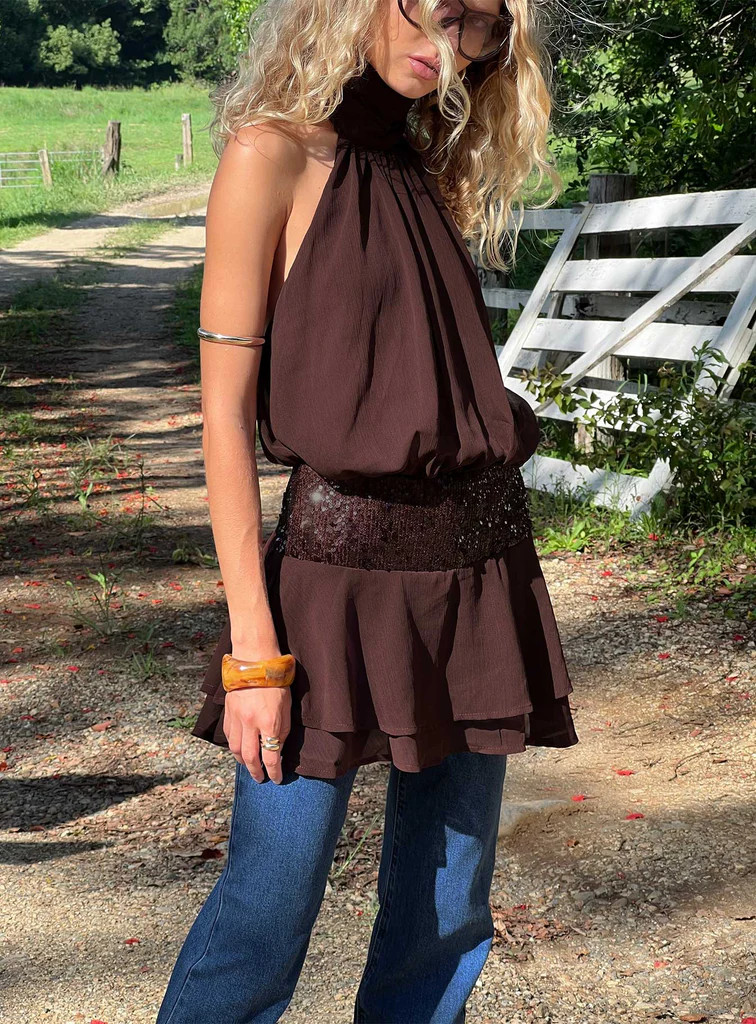 Zenayda Drop Waist Sequin Mini Dress Brown | Princess Polly AU