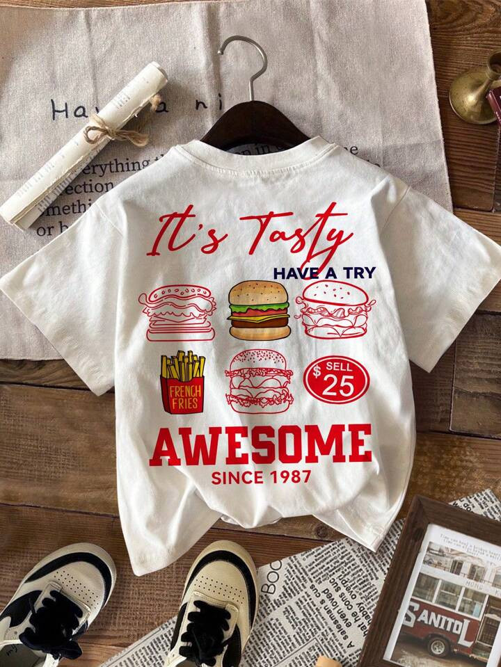 SHEIN ModeFlare Wear Hamburger, Delicious, Cute Retro Design Young Boy Casual Short Sleeve Crew N... | SHEIN