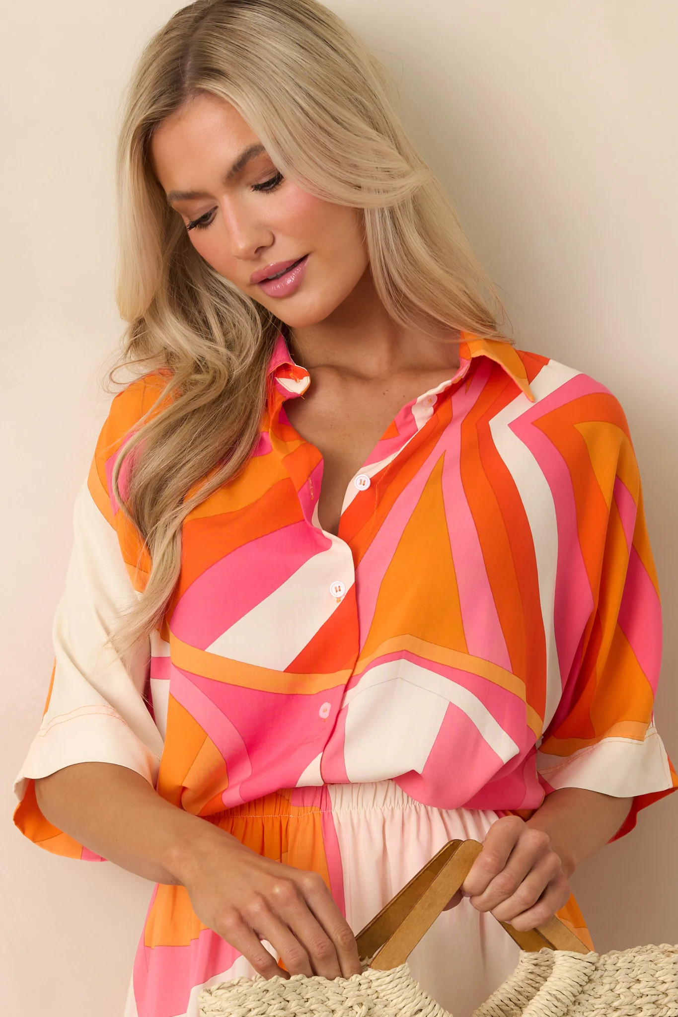 No Map Needed Orange Geometric Print Rayon Button Front Top | Red Dress