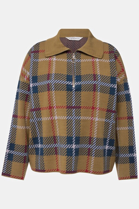 Plaid Troyer Collar Long Sleeve Sweater | Ulla Popken - US & CA