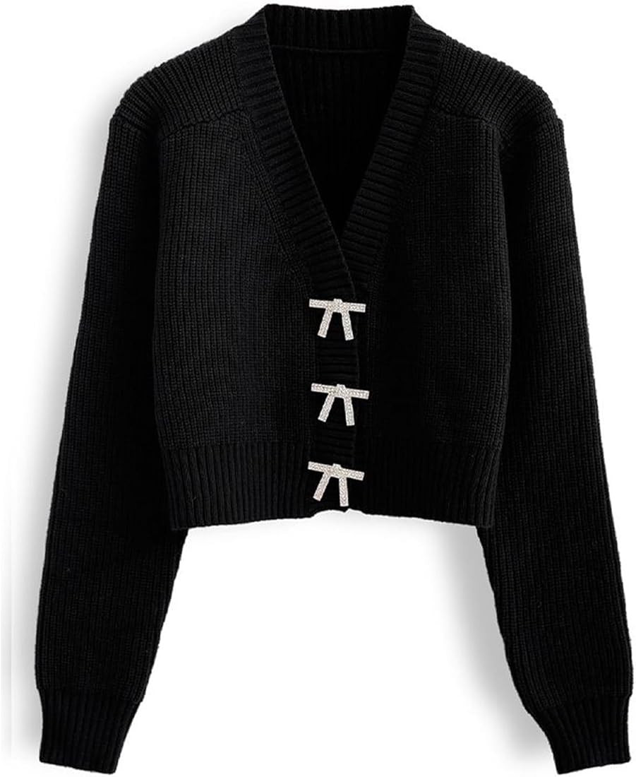 CHICWISH Women Crop Cardigan Sweaters Bowknot Brooch Button Knit Cardigans Open Front Long Sleeve... | Amazon (US)