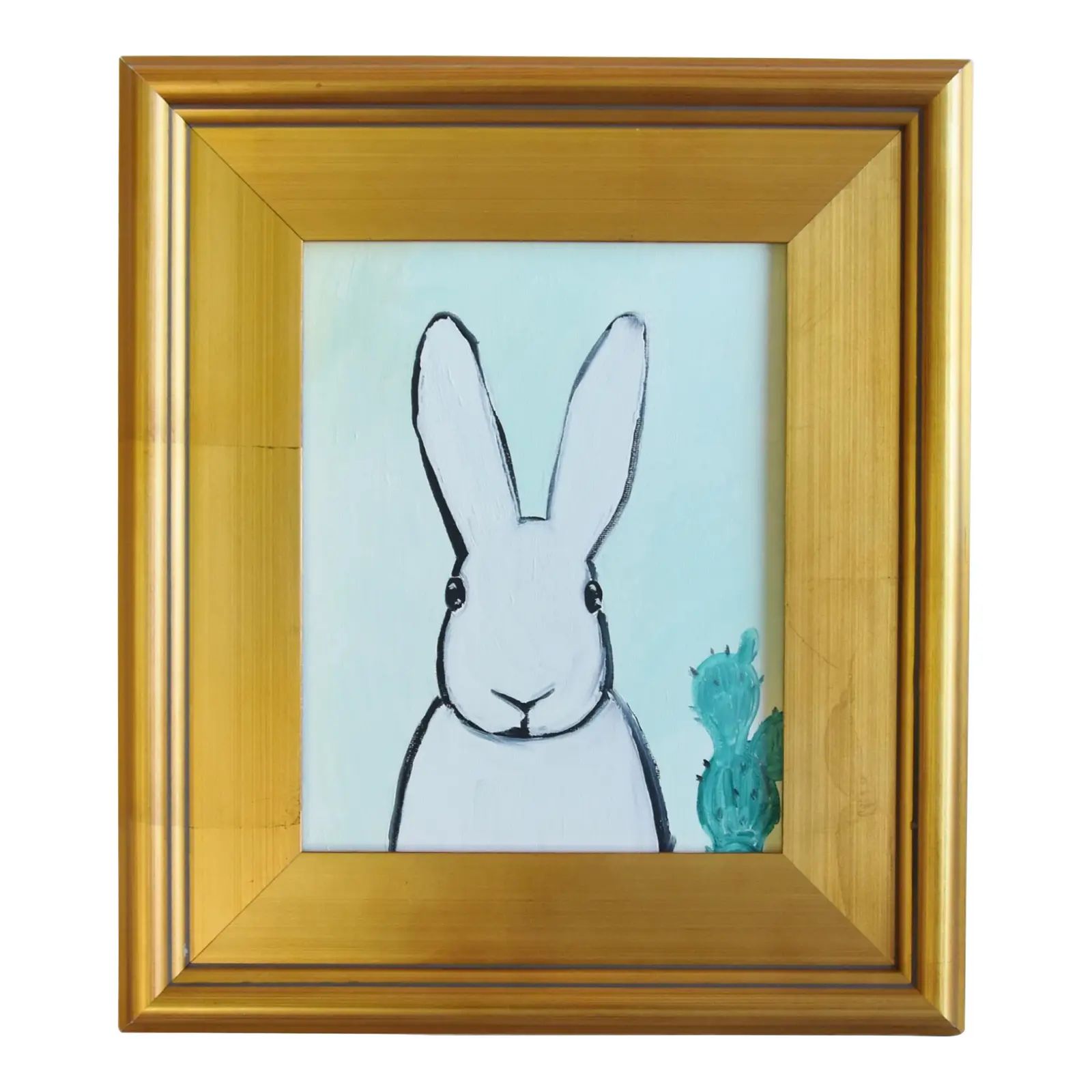 Folk Art Bunny Rabbit Hare Portrait Oil Painting W/ Antiqued Gold Wood Frame | Chairish