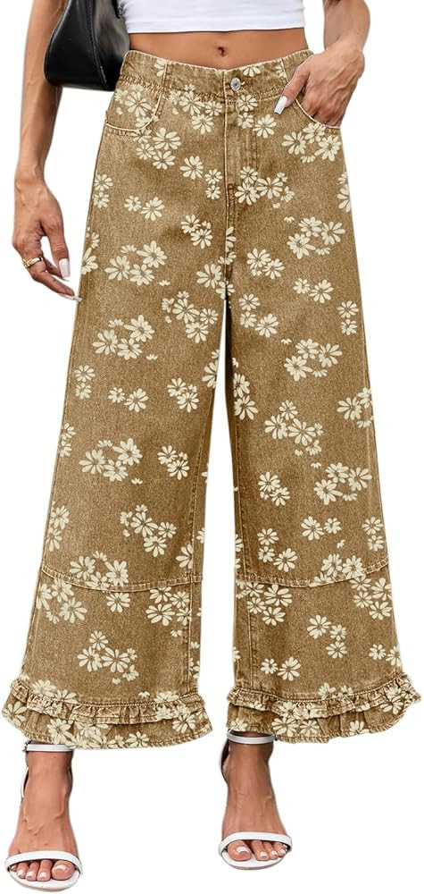 CHARTOU Women Y2k Crop Ruffle Hem Wide Leg Jeans Baggy Floral Print Patchwork Ankle Denim Pants w... | Amazon (US)